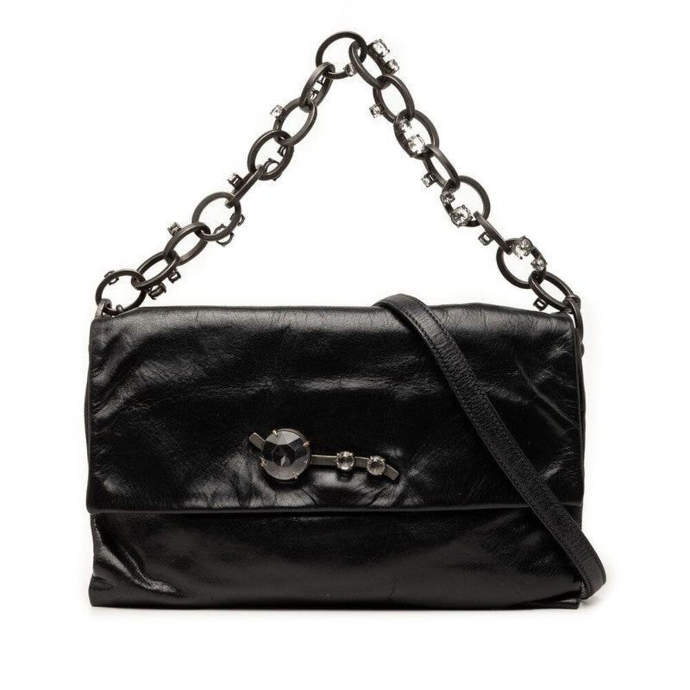 Miu Miu Logo Leather Rhinestone Shoulder Bag Black